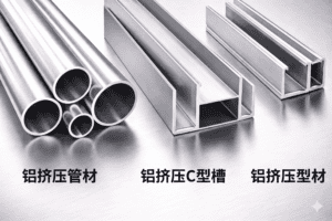各种形式的挤压铝型材，包括挤压铝管、挤压铝C型槽和挤压铝槽