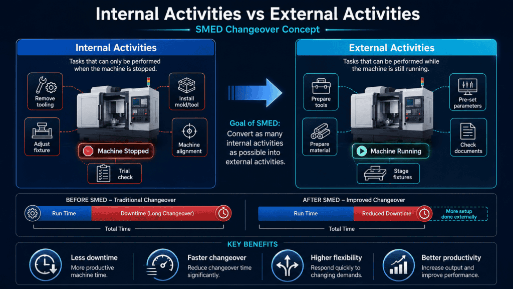 SMED helps solve this problem by separating setup work into internal activities and external activities