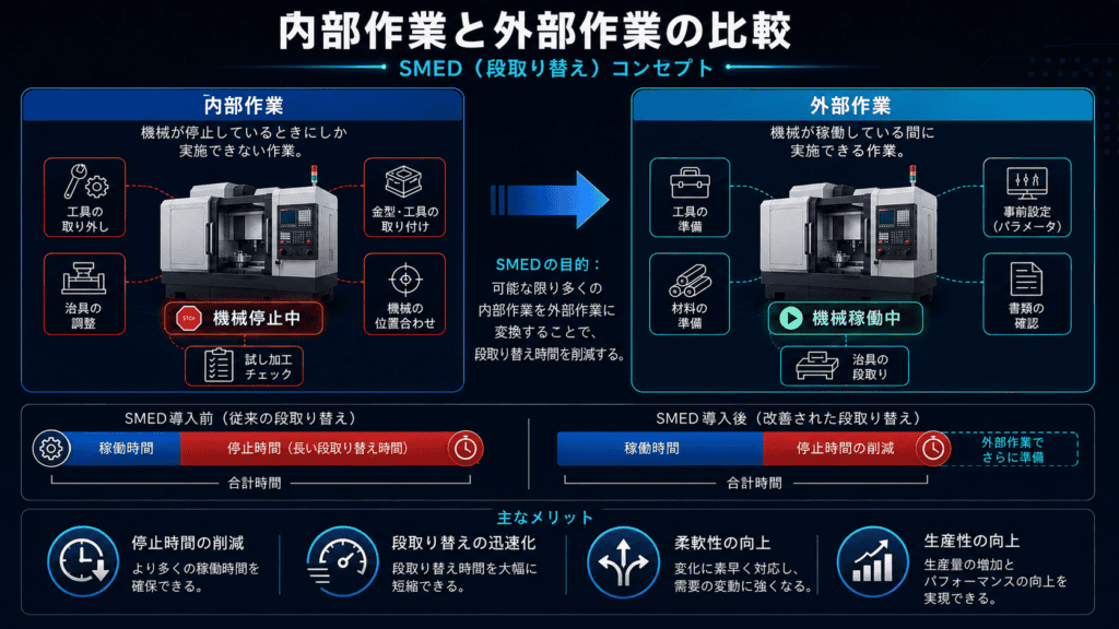 SMEDは、金型交換作業を内部活動と外部活動に分類することで、この問題の解決に役立ちます
