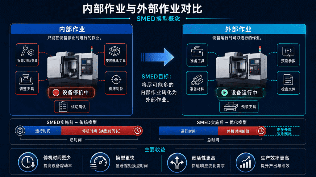 SMED 通过将换模工作分为内部活动和外部活动，有助于解决这一问题